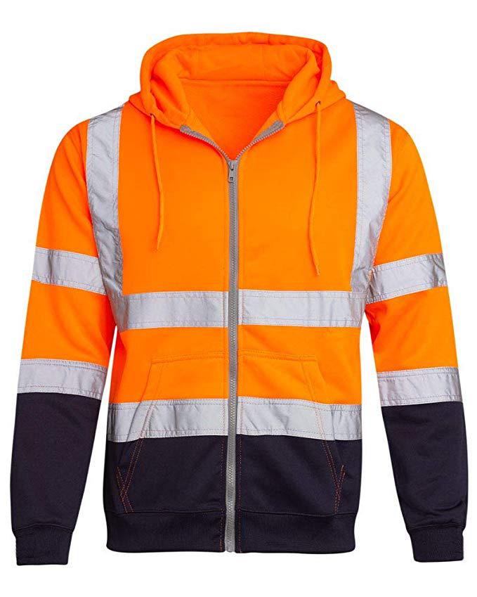 Fleece-lined Outdoor Sanitation Workwear Men's High Visibility Reflective Strip Zipper Color Blocking Hooded Sweatshirts