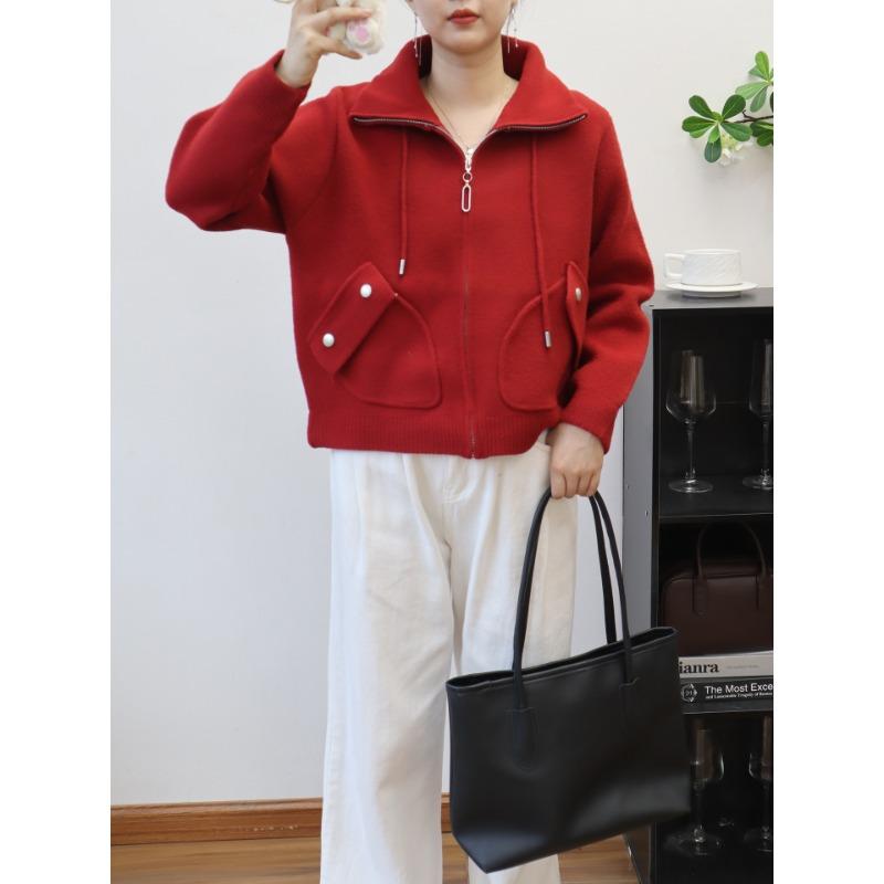 Zipper knitted double-sided cardigan autumn and winter new loose casual versatile solid color sweater jacket women