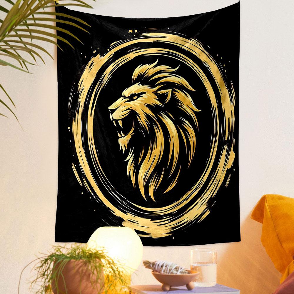 Golden Lion Head in Circular Design Patterned Tapestry Decorative Wall Hanging, Home Bedroom Living Room Decor