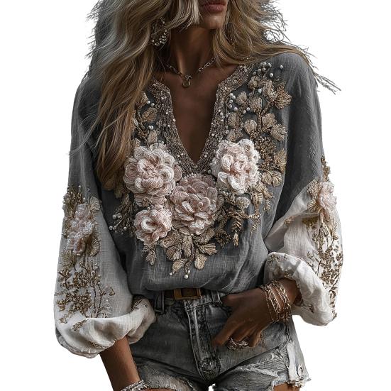 Women Shirt Oversize V-Neck Long Sleeve Casual Spring Autumn Shirt 3D Flower Printed Pattern Relaxed Fit Shirt Daily Wear