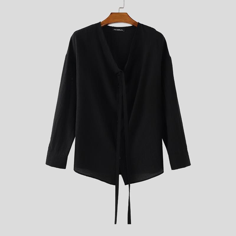 

INCERUN Men V Neck Long Sleeve Semi-Sheer Lace-up Loose Shirts Tops 5XL чёрный