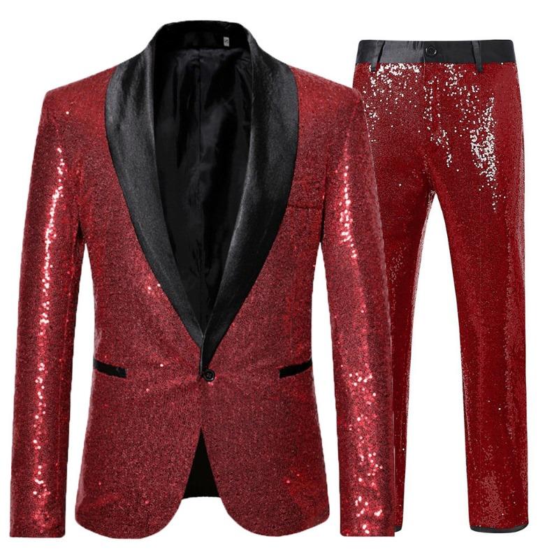 Heren paars pailletten smokingpak zwart satijnen revers 2-delig formeel feest blazer en broek set