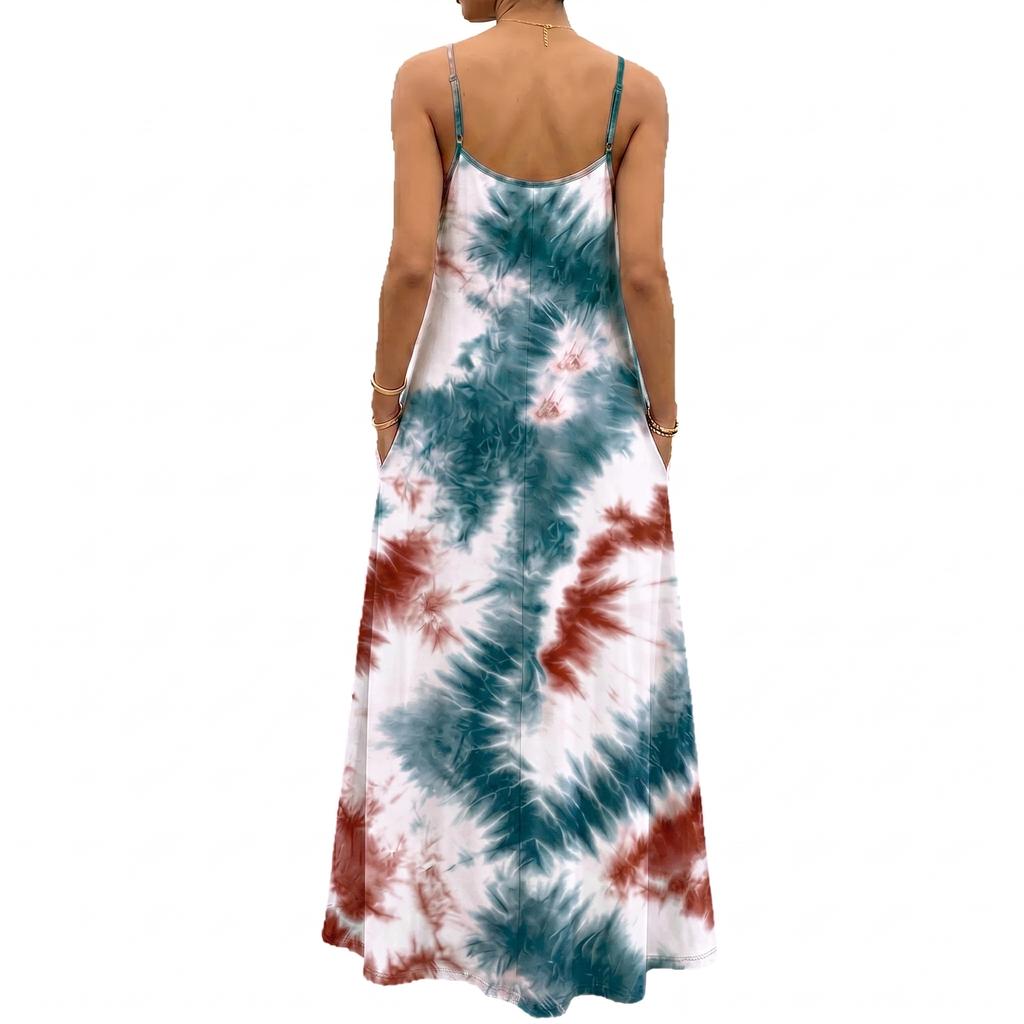 Damen Tie-Dye Maxikleid Ärmellos Spaghettiträger Lässig Lockerer Schnitt Lang Sommer-Sonnenkleid Mit Taschen Für Frühling Und Sommer