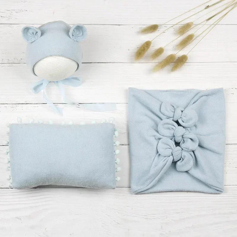 

3pcs Newborn Photography Set Bear Hat Pillow Swaddle Wraps Bows Decor Clothing Studio Photo Props for Infant Boys Girls Shooting Fabric світло-синій колір