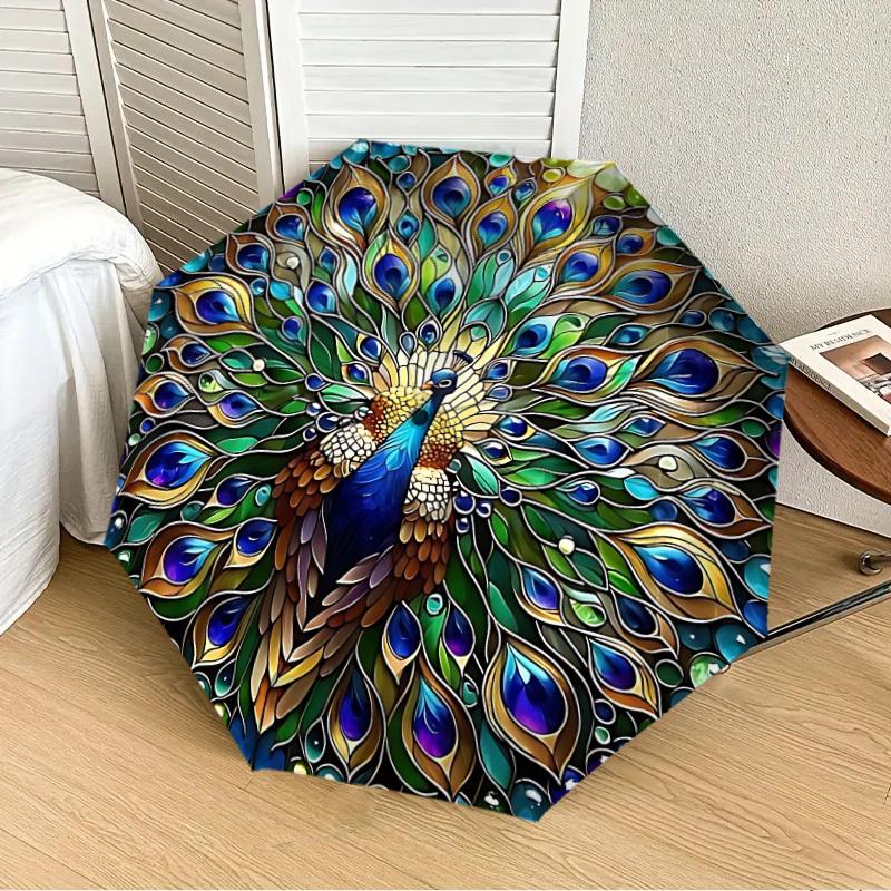 

1PC Peacock Feather Mandala Automatic 8-Bone Folding Umbrella - Durable Polyester & Iron Frame,Userfriendly Operation yy250929115
