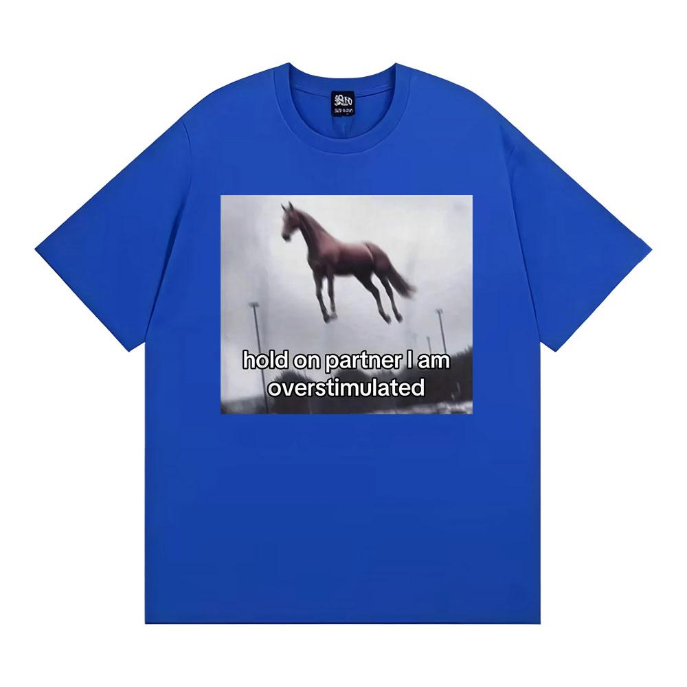 Halte durch, Kumpel, ich bin überreizt Pferd T-Shirt Lustiges Angst-Meme T-Shirts Herren Damen Mode Lässig Humor Kurzarm T-Shirt