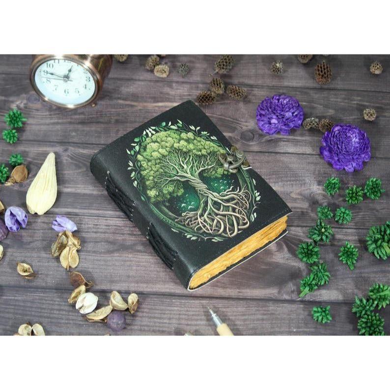 Tree of Life Leather Journal: Handmade Deckle Edge Grimoire with Vintage Lock