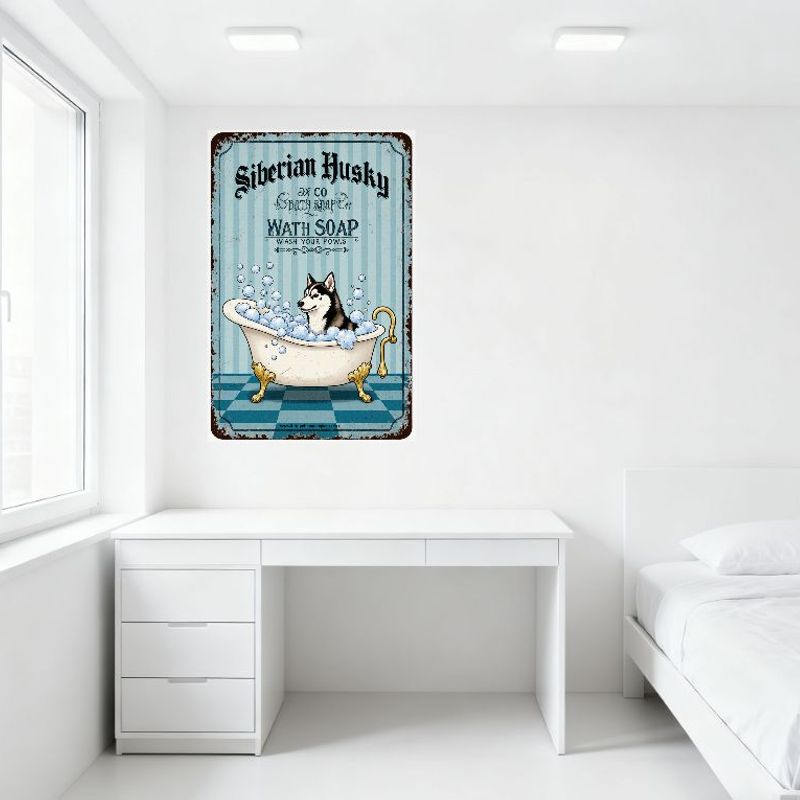 Vintage Siberian Husky & Co Bath Shop Metal Sign, White Clawfoot Tub with Bubbles Husky Art, Rustic Wall Decor for Bar Pub Home