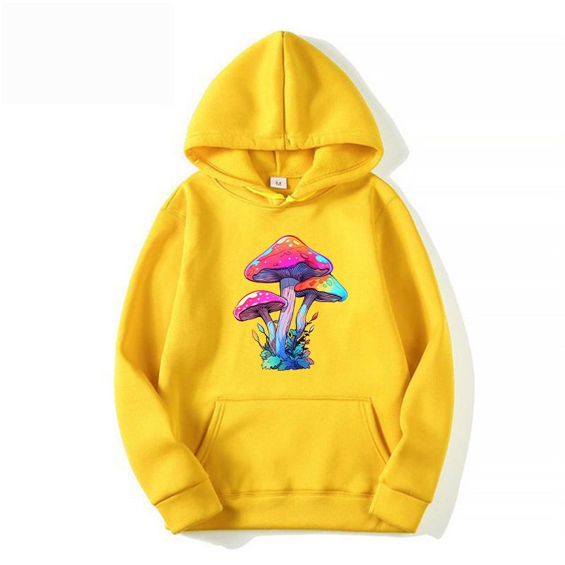 Women's Spring and Autumn Colorful Mushroom Print Hooded Sweatshirt Casual Long-sleeved Pullover