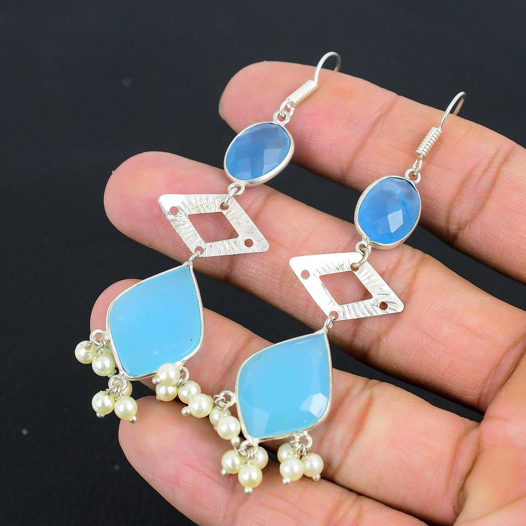 Birthday Gift For Her Natural Aqua Chalcedony Drop/Dangle Earrings 925 Silver