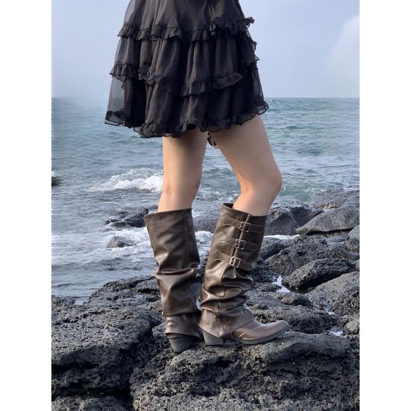 Z Women's Brown Western Cowboy Pleated Slouchy Knee-High Riding Boots with Pointed Toe