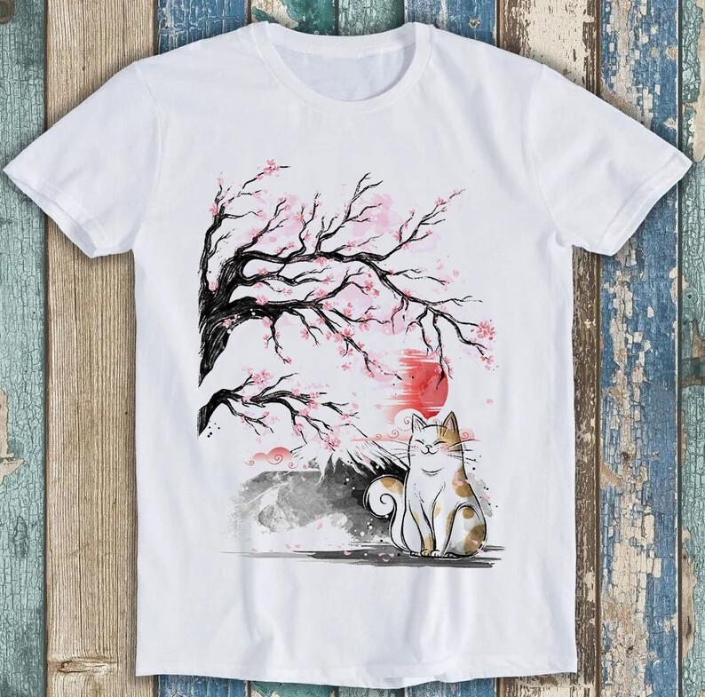 Sakura Tree Japanese Cat At Fuji Mountain Meme Funny Tee T Shirt M1663