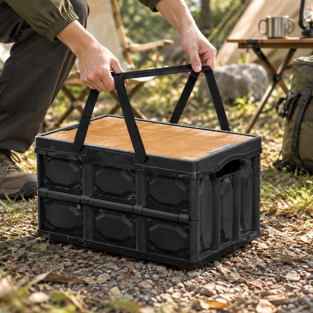 Folding Storage Box with Wood-Look Tabletop Compact Portable
