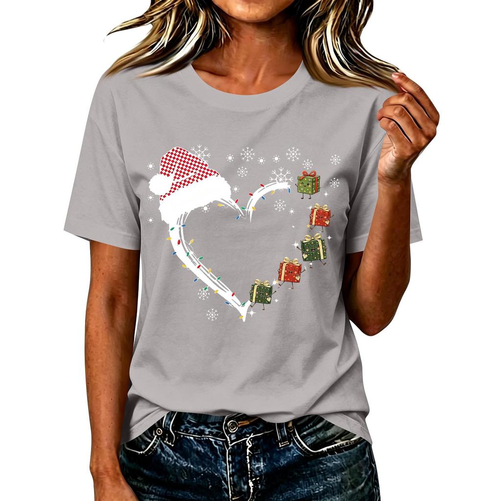 Damen Casual Weihnachten Bedrucktes Kurzarm-T-Shirt mit festlichem Feiertagsdesign