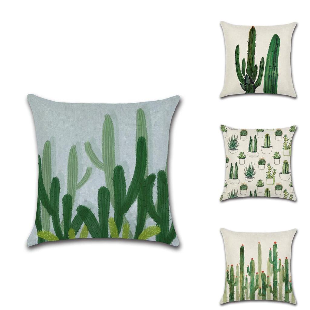 Premium Quality Cotton Linen Square Pillow Cover Featuring Tropical Cactus Design