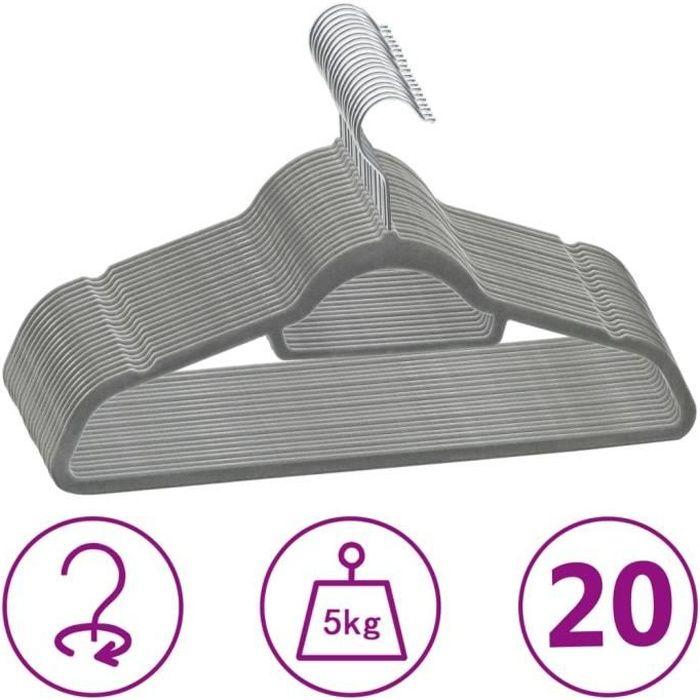 Cintres antidérapants - vidaXL - 20 pcs - Gris - Velours - Crochet rotatif 360°