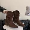 Fashion Woman  Suede Boots Fashion Slip on Ladies Elegant Square Heel  Retro Pointed Toe Women's Mid Calf  Boots Shoes Winter Footwear 9