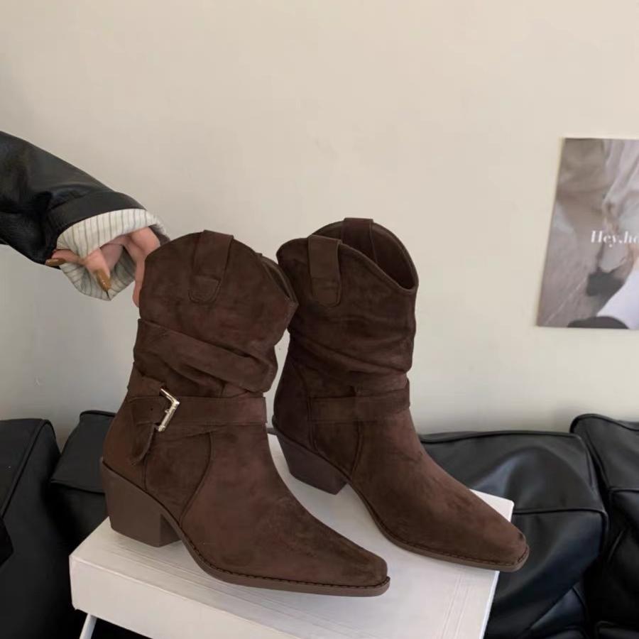 Fashion Woman  Suede Boots Fashion Slip on Ladies Elegant Square Heel  Retro Pointed Toe Women's Mid Calf  Boots Shoes Winter Footwear 9