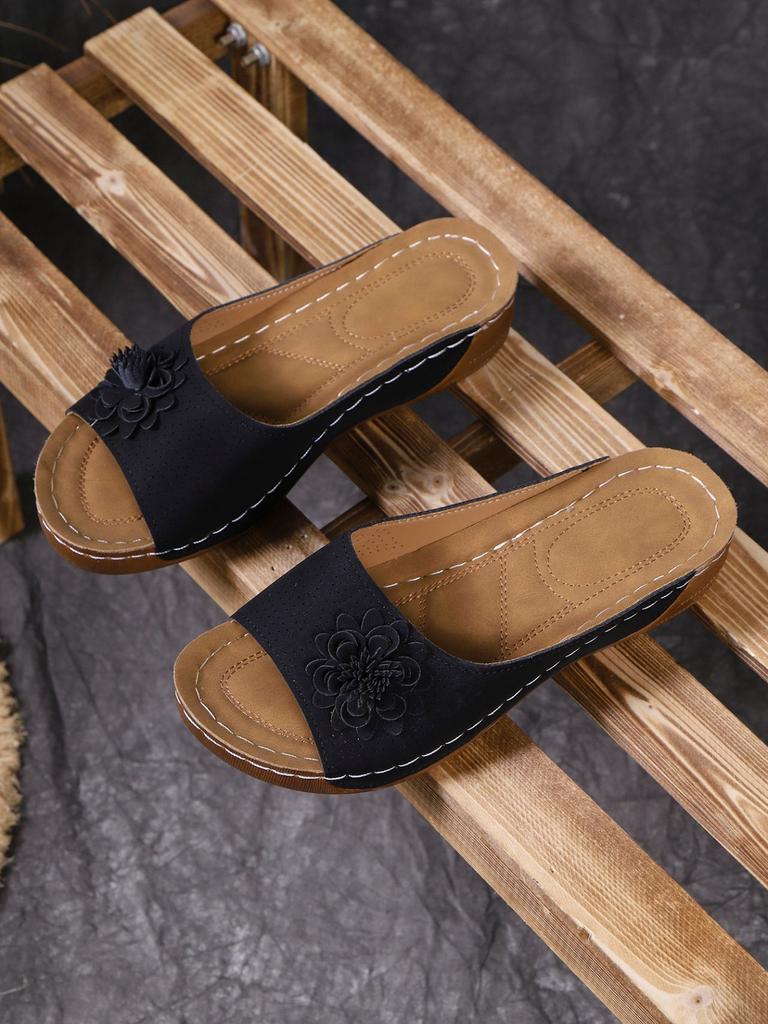 South East Asia Large Size Thick Bottom Hollow One-Word Slippers Open-toed Flower Slope Heel Beach Cool Slippers