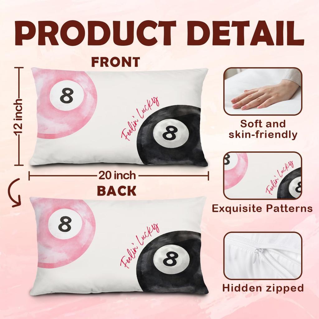 Preppy Lucky 8 Ball Pillow Covers 12x20, Pink and Black Room Decor, Funky Retro 8 Ball Y2k Aesthetic Lumbar Throw Pillow Covers for Girls Bedroom