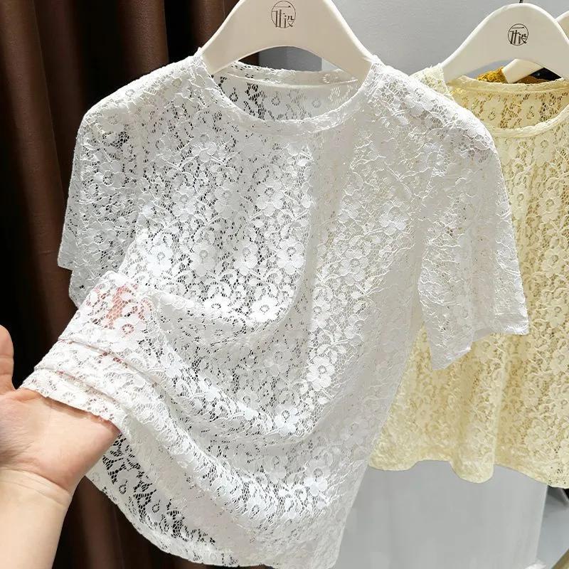 Top Sottogiacca T-shirt da Donna Estiva con Intagli in Pizzo a Maniche Corte