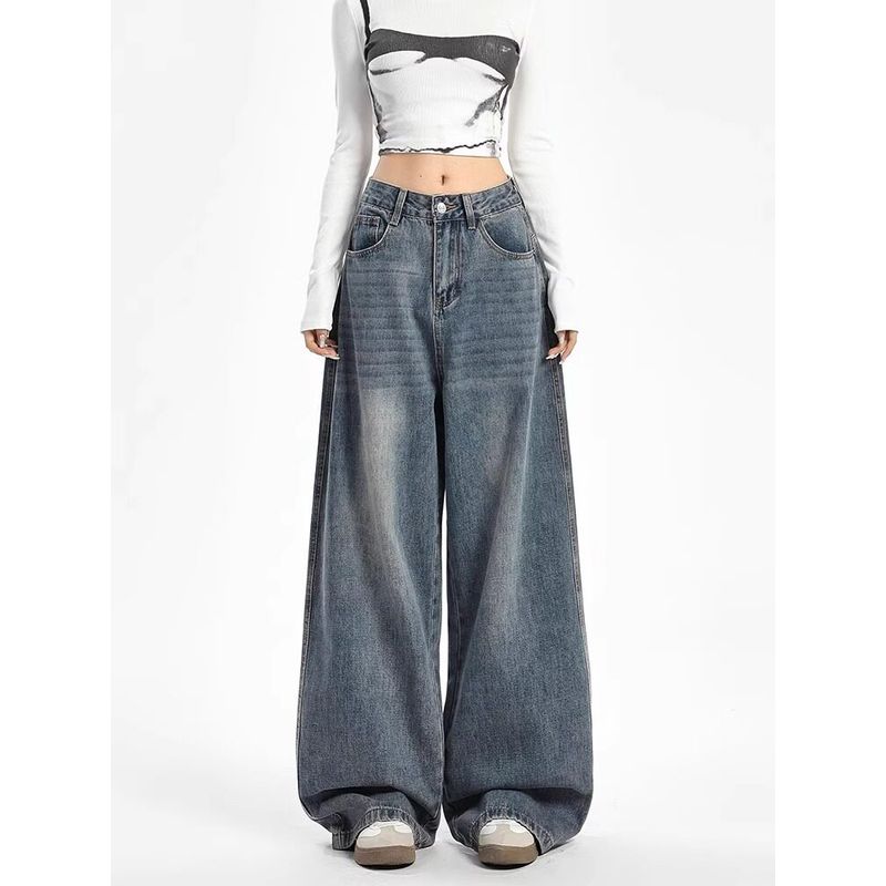 American Relaxed Feeling Denim Women's Autumn New Arrival Plus Size Fat Sister mm High Waist Loose and Slimming Mop Wide Leg Pants
