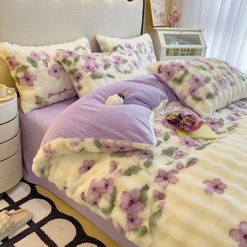 Four-Piece Set Tutu Velvet Quilt Cover Warm Thickened Milk Velvet Double-Sided Velvet Bed Sheet Three-Piece Set