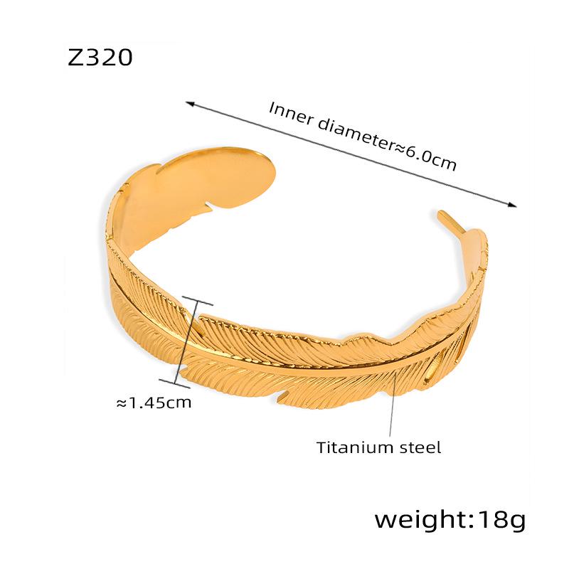 18K Gold Titanium Steel Feather Open Cuff Bracelet - Stylish Wide Design for Couples