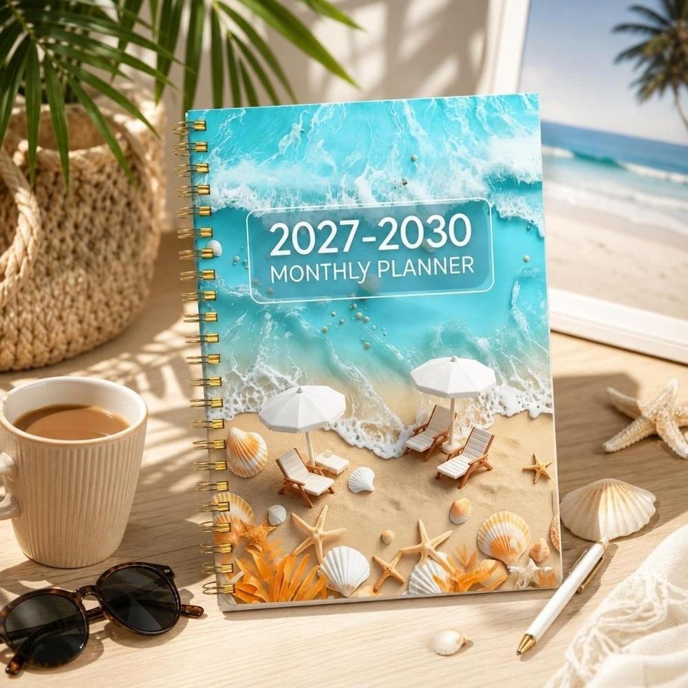 Beach Theme Cover 1117-1111 Monthly Calendar A1 Ocean Seashell Covered Annual Calendar Notebook Spiral Bound 1-Year Plan Book