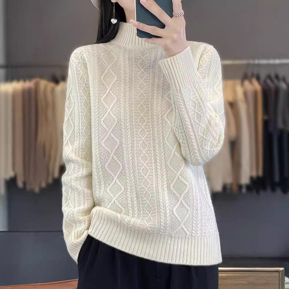 Solid Colour Half High Neck Threaded Stranded Flower Top Women's Pullover Knitted Sweater Tide