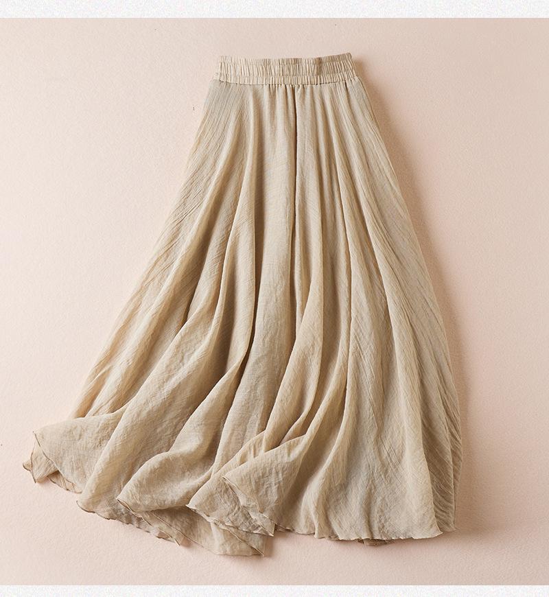 38-Color Plus Size Japanese Cotton Linen A-Line Midi Skirt with Elastic Waist