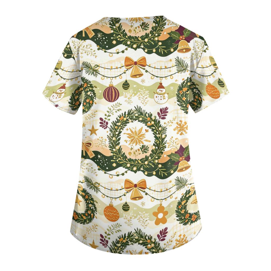 Women's V-Neck Short Sleeve Scrub Top with Pockets Christmas Print Caregiver Uniform Work Shirt