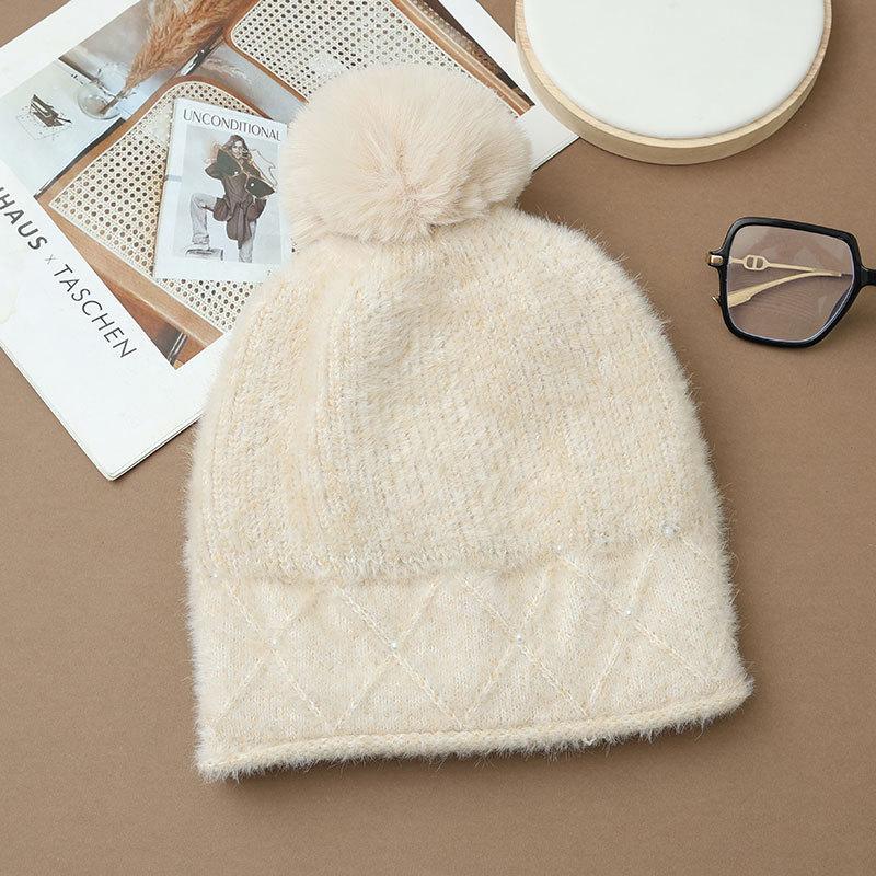 

Pearl Plush Pullover Ear Hat Women s Autumn and Winter Wind and Cold Bag Head Knitted Hat ONE SIZE