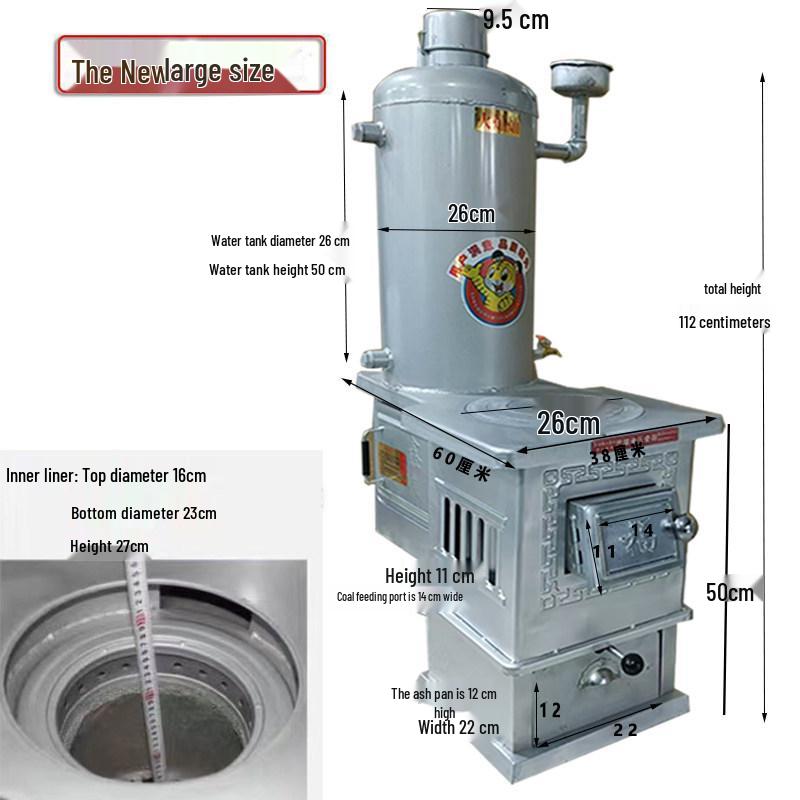 Indoor Coal-Burning Heating Stove with Chimney and Radiators, Includes Water Tank for Boiling and Cooking.