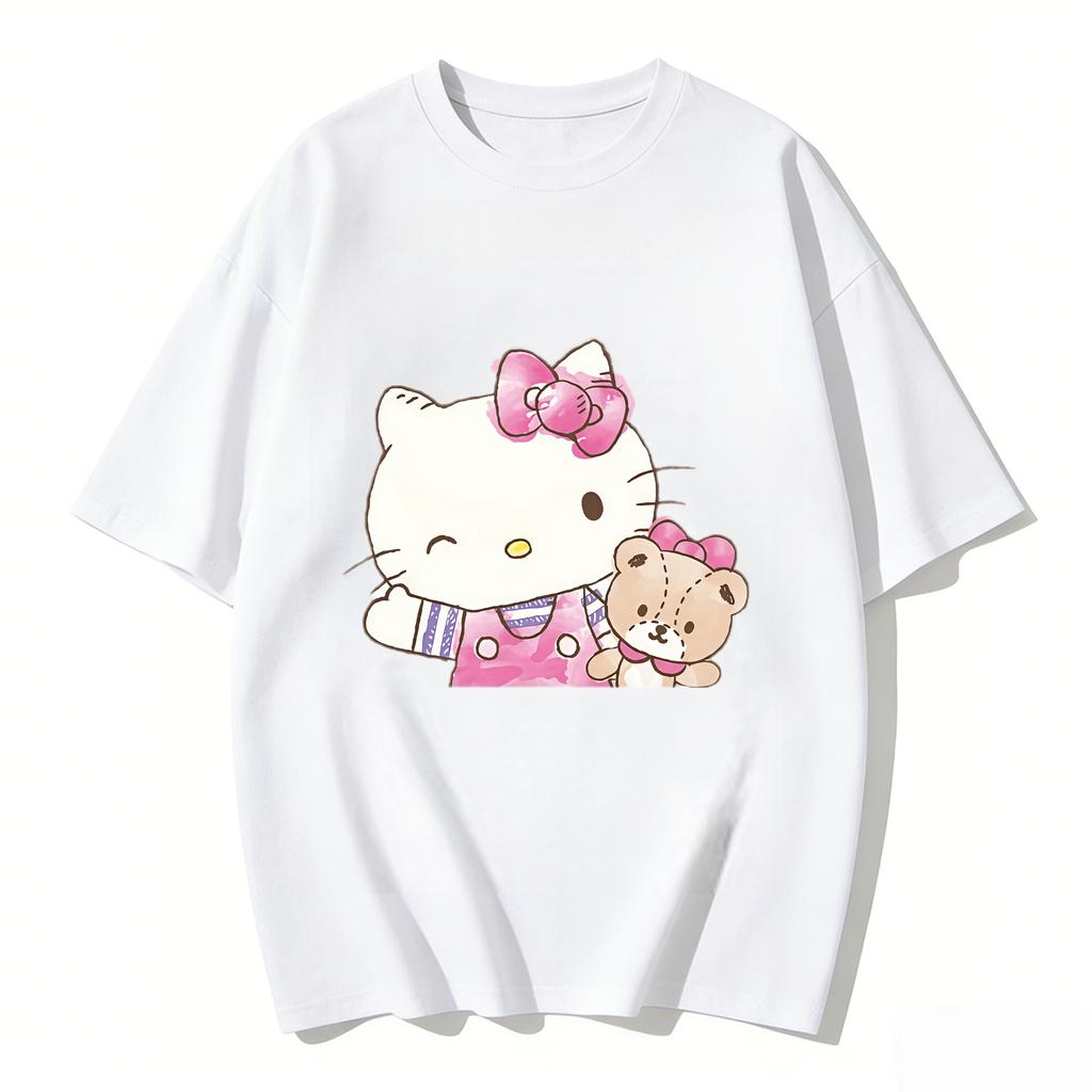 2026 New Hello Kitty Teddy Bear Watercolor Cartoon Print Tshirt Family Matching Outfits Casual Short Sleeve Tee Women Unisex Kids