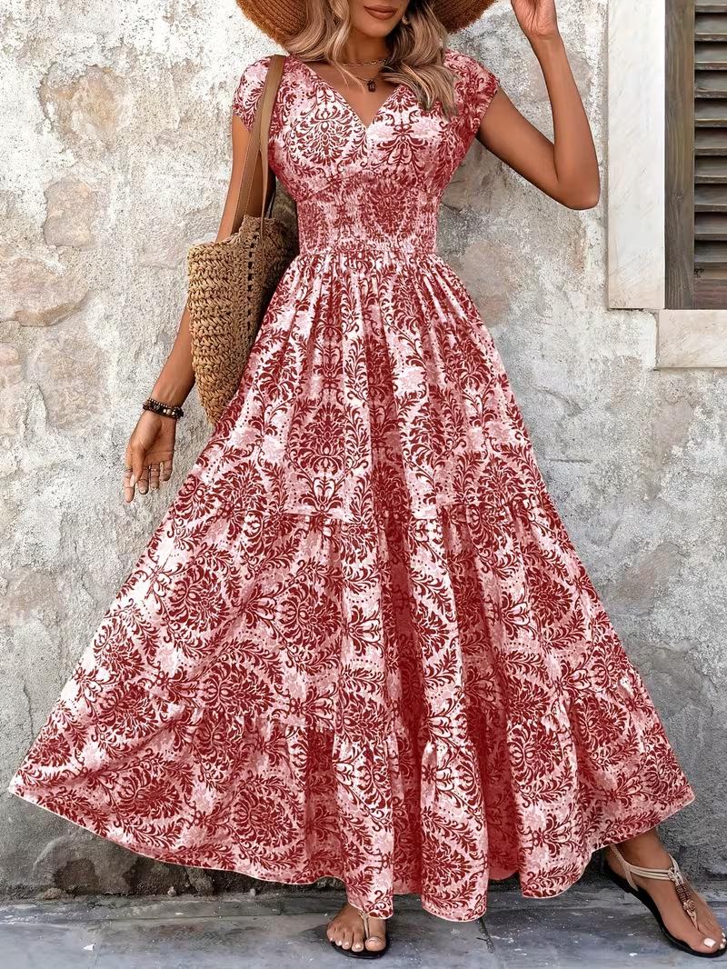 

Green V Neck Short Sleeve Floral Print Pleated Long Dress XXL