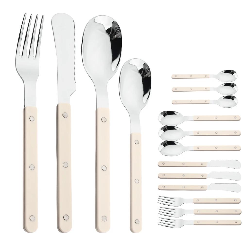 

16 шт. Ручки из АБС-пластика Заклепки Декор Столовая посуда Нож Вилка Ложка Столовые приборы Набор столовых приборов из нержавеющей стали Кухонные приборы Подарок белый