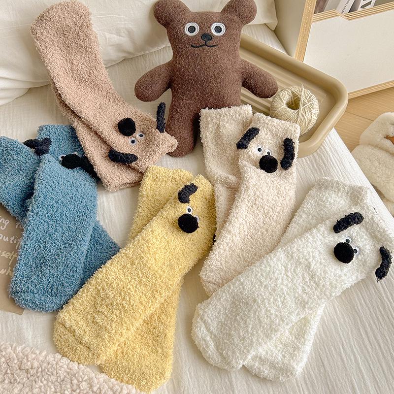 Women's Winter Coral Fleece Socks - Cute Cartoon Puppy, Thick, Warm, Mid-Calf Home & Sleep Socks