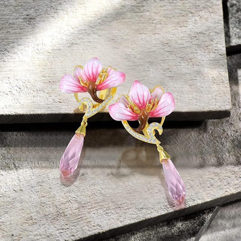 2026 New Fashion Style Personalized Zircon Accessories Elegant Handmade Enamel Flower Water Drop Zircon Earrings for Women