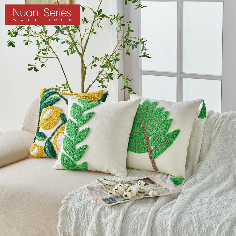 1PC Nuan Series Versatile Floral and Green Leaf Pillowcase 3D Embroidered Cushion Cover for Sofa Living Room Bedroom Home Decor