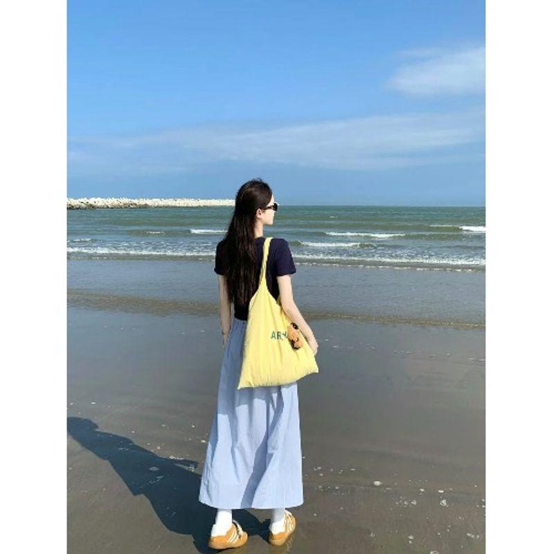 Kumikumi Fashion Set Solid round Neck Short sleeve T-shirt Women Summer High Waist Skirt Large Swing Skirt Two-piece Set