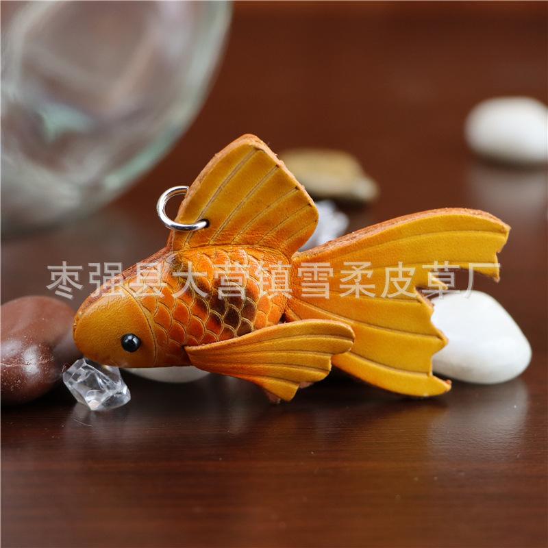 First Layer Cowhide Small Red Fish Car Keychain Small Fish Bag Personalized Pendant Accessories Cute Koi Backpack Accessories