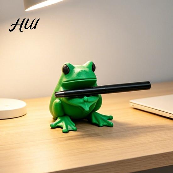 Unique Pen Stand 3D Printed Cute Frog Holder, Bright Green with Pen-Grabbing Structure, Holder Anti-Slip Desktop Organizer for Pens & Makeup Brushes,
