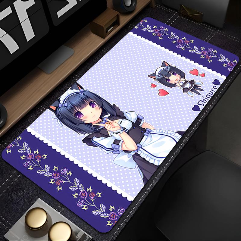 Gaming Mouse Pad Large Desk Mat Antislip Stitched Edges Cat Girl Anime Print Purple Floral Waterproof Mat for Home Use
