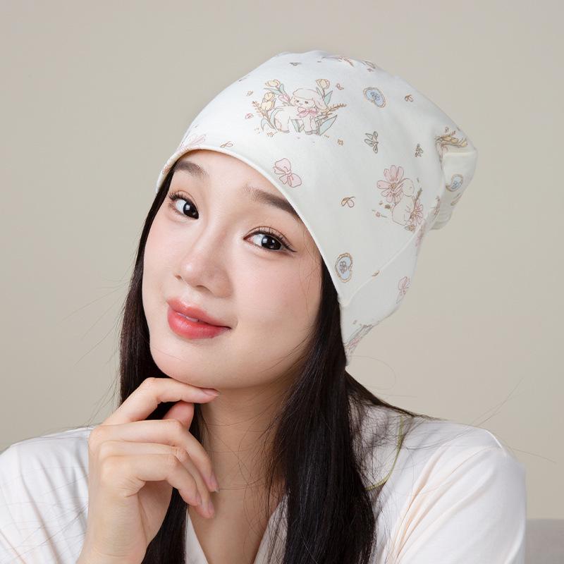 Windproof Double-Layer Postpartum Maternity Hat - Pure Cotton, High Elastic, Hexagonal Design.