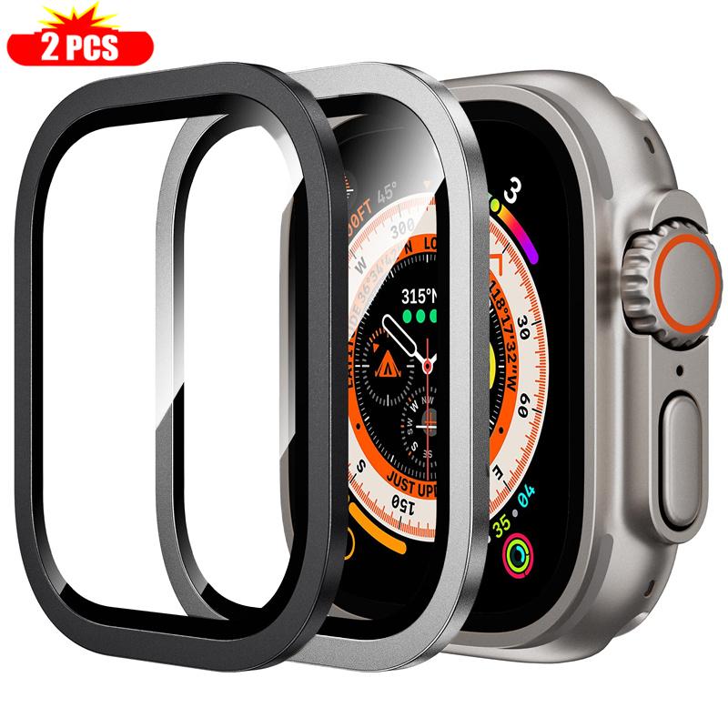 2 Stück gehärtetes Glas für Apple Watch Ultra 49mm Titan Metallrahmen Kratzschutzfolie Serie Ultra 2 Displayschutz Zubehör