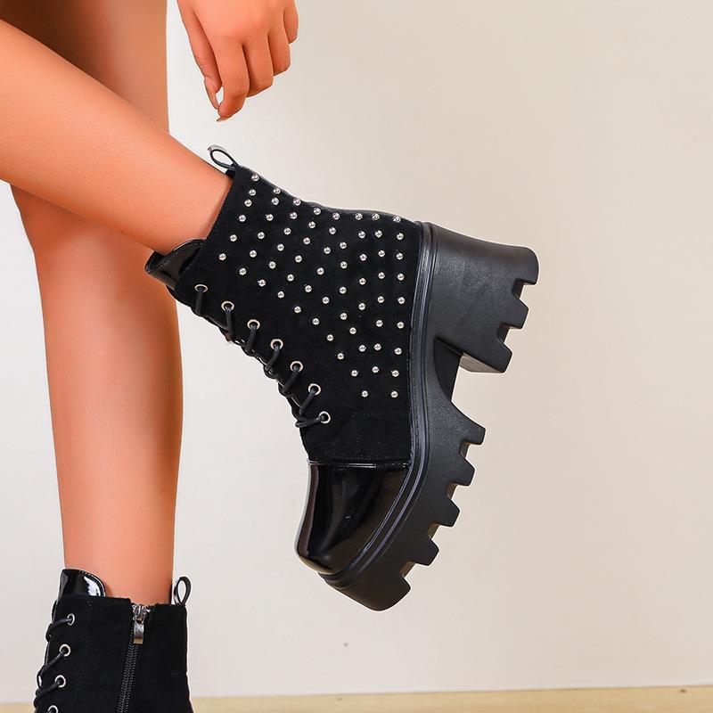 Europe, America, autumn and winter new thick heel side zipper thick bottom fashion rivet knight boots women's muffin women's Martin boots women