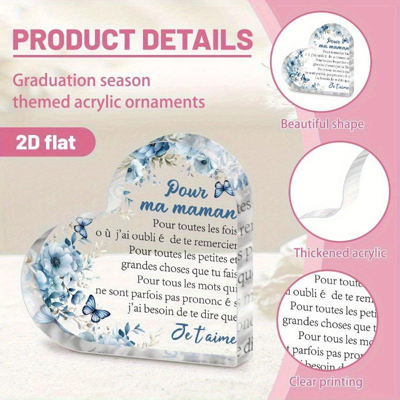 2D Flat, "Pour Ma Maman" Heart-Shaped Acrylic Decorative Plaque, Blue Floral Design & French Inscription, Suitable for Wall Decoration, Porch, Room, V