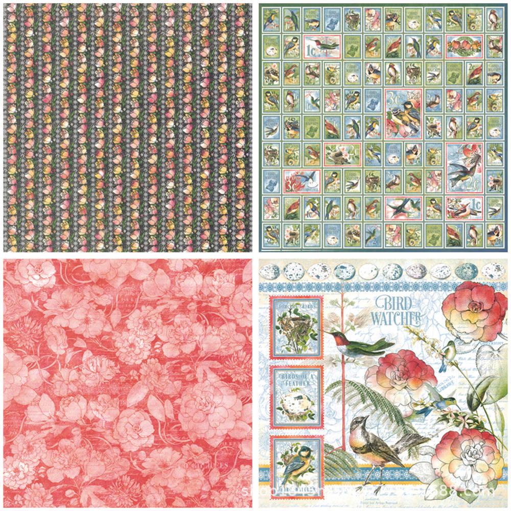 12 Sheets Retro Bird & Flower Background Paper for Journaling and Collage.