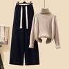 Women's Autumn 2024 Three-Piece Set: Mid-Length Cardigan Jacket, High-Neck Sweater, and Slim Wide-Leg Pants
